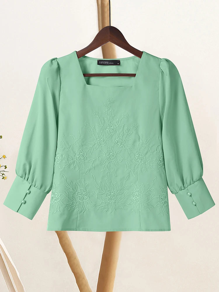 ZANZEA Elegant Embroidered Floral Women Blouses 2025 Autumn Fashion Square Neck 3/4 Puff Sleeve Short Tops Commuting Wear S-3XL
