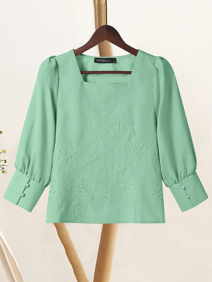 ZANZEA Elegant Embroidered Floral Women Blouses 2025 Autumn Fashion Square Neck 3/4 Puff Sleeve Short Tops Commuting Wear S-3XL