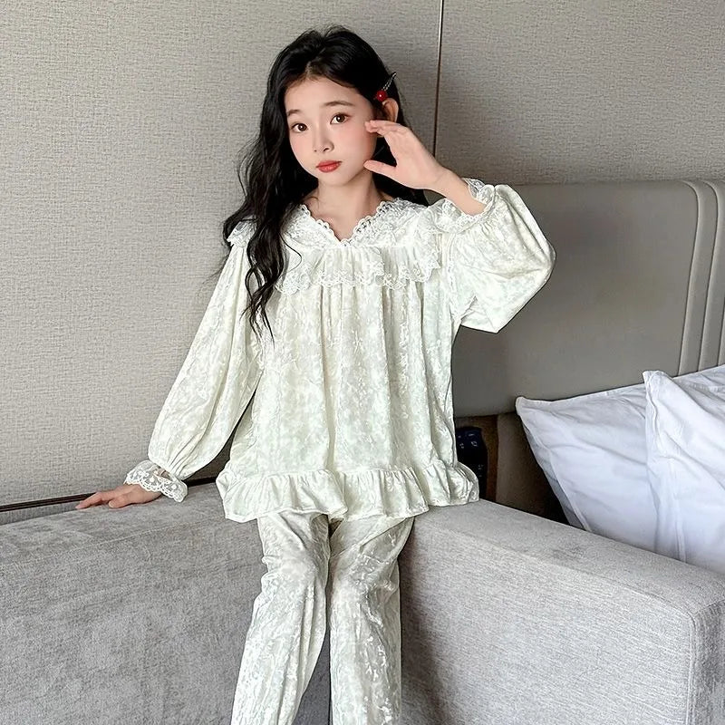 Girls' Velvet Pajamas 6-12 Years Sweetheart Lace Trim Sleepwear for Spring Autumn Warm Cotton Lining Children's Nightwear