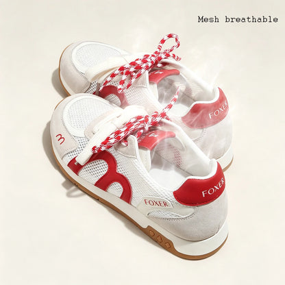 FOXER Retro Mesh Sneakers for Women Pig Split Leather Fashion Ladies Casual Running Shoes Daily Non Slip Walking Footwear