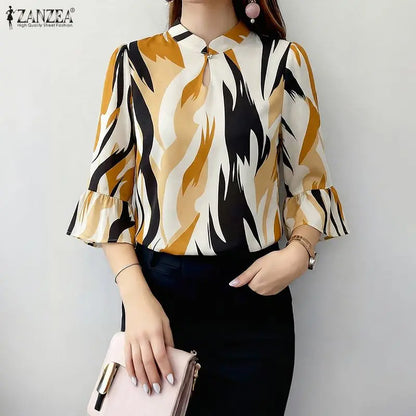 ZANZEA Elegant All-Over Print Blouses Woman Retro Mandarin Collar 3/4 Flare Sleeves Loose Tops Summer Bohemian Blusas de Mujer