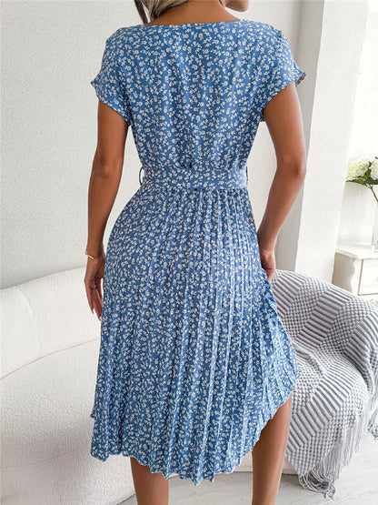 Ficusrong Fashion Floral Pleated A Line Long Dress Women Spring Summer Short Sleeve High Waist Chic Dress