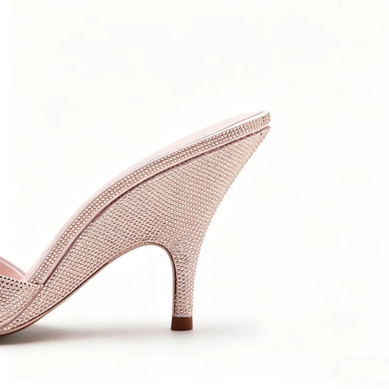 Sexy Peep Toe Women Slippers Stable Wedge Heeled Sandals for Ladies Luxury Rhinestone Detail Summer Shoes Elegant Party Heels