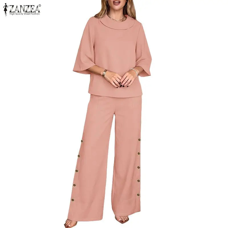 ZANZEA Women Casual Loose Pant Suits Wide Leg Pant & 3/4 Sleeve Blouse 2 Pieces Sets Summer Daily Solid Color Pant Sets Outfits