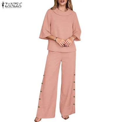 ZANZEA Women Casual Loose Pant Suits Wide Leg Pant & 3/4 Sleeve Blouse 2 Pieces Sets Summer Daily Solid Color Pant Sets Outfits