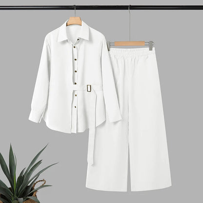 Modest Pant Suits for Hijabs Women Fashion Sashes Long Sleeve Shirts and Elastic Waist Pants 2 Piece Muslim Sets Islamic Outfits