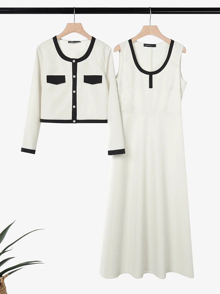 ZANZEA Elegant Women OL Work Dress Sets 2026 Spring Office Outfits Long Sleeve Slim Fit Cropped Tops Cardigan Maxi Tanks Dress