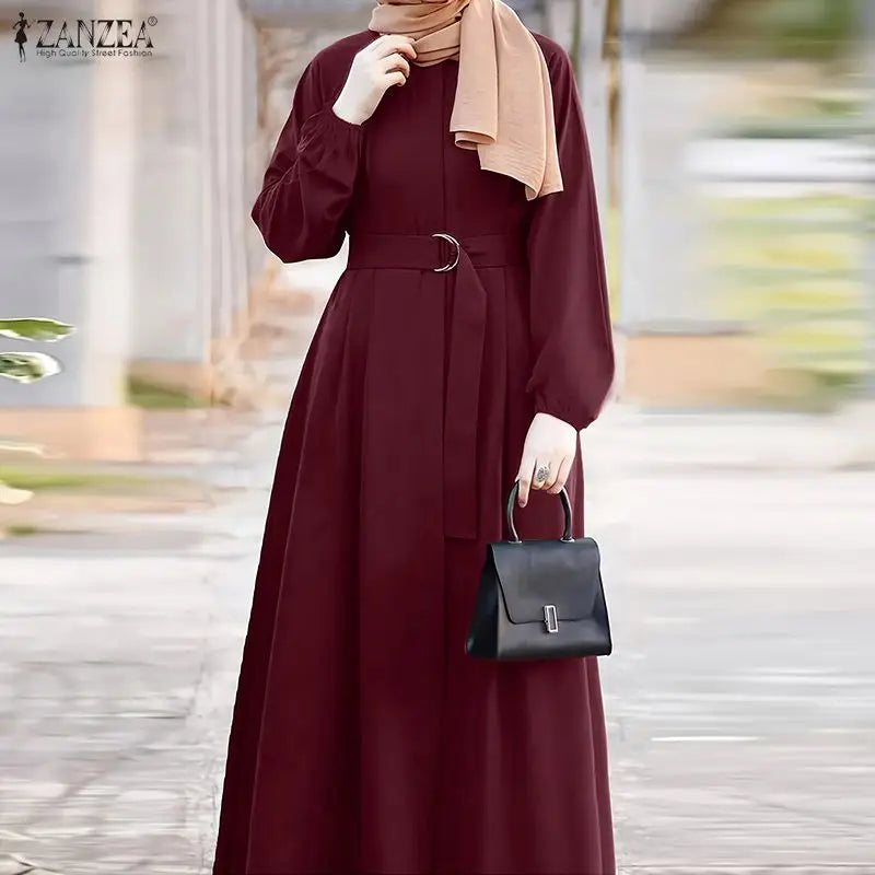 Modest Muslim Abaya Hijab Dresses ZANZEA Women Elegant O Neck Long Sleeve Belted Sundress Solid Color Loose Dubai Robe Ramadan