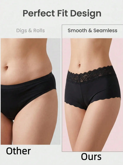 4PCS Women Lace Waist Boxer Panties, Mixed Print & Solid Color Scalloped Edge Briefs, Smooth Silky Fabric Daily Basic Ladies Und