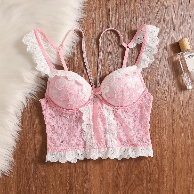 MOYISU Rhinestone Lace Corset Bra Set Pink Halter Bustier Slim-Fit Waist Trainer Sexy Lingerie for Women Party Wedding Outerwear
