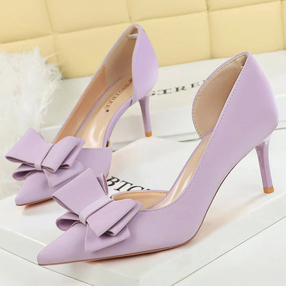 Large Size 43 Women Pumps Stilettos 7 cm Heels Women Shoes Silks Satins Kitten High Heels Three Layer Bowknot Design Women Heels