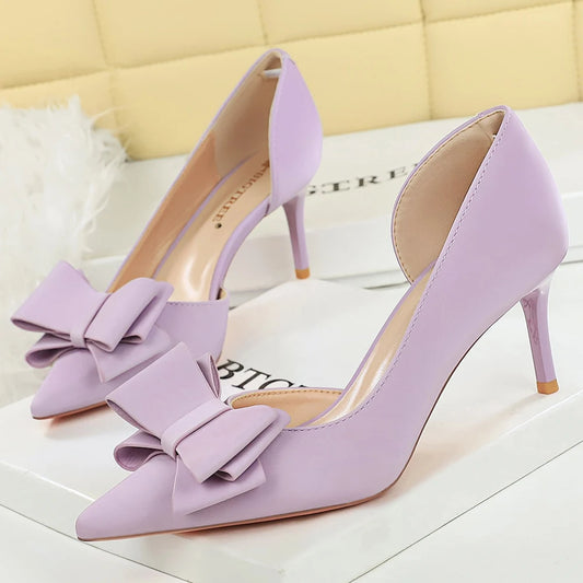 Large Size 43 Women Pumps Stilettos 7 cm Heels Women Shoes Silks Satins Kitten High Heels Three Layer Bowknot Design Women Heels