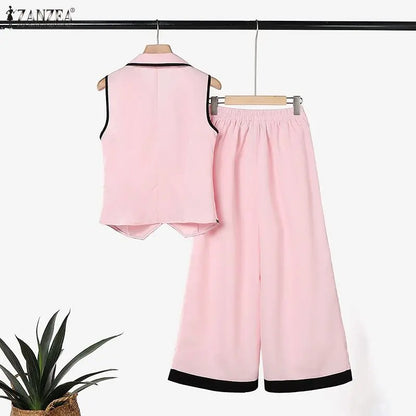 ZANZEA Women Stylish Pant Sets Contrast-Color Lapel Collar Vest Tops & Wide Leg Cropped Pants 2 Piece Suits Elegant Work Outfits