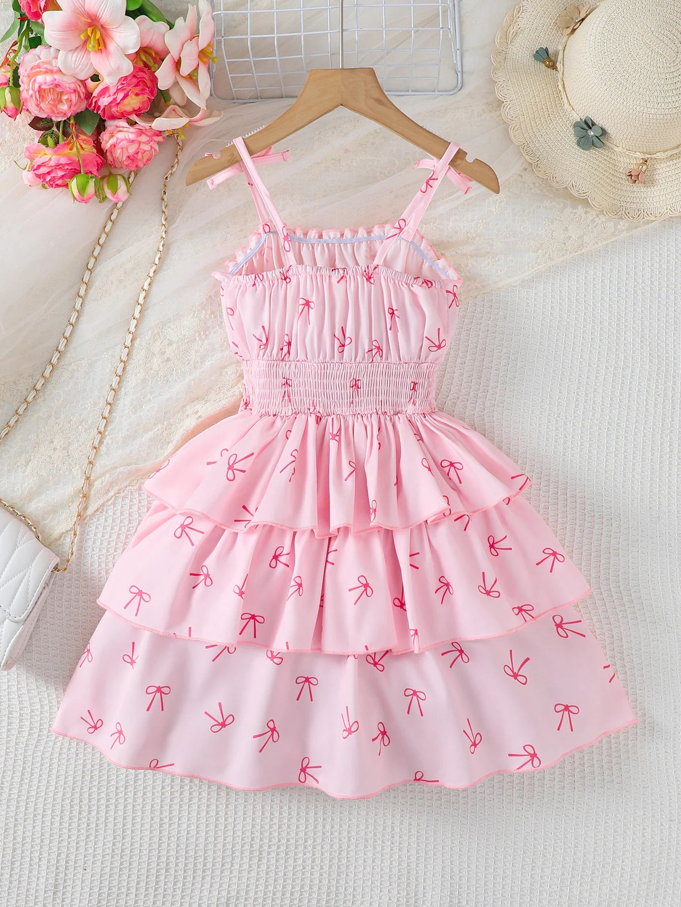 Girls Butterfly Knot Patterned Strap Dress Summer Children's Fashion Comfortable Versatile Outdoor Scene Suitable Dress