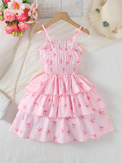 Girls Butterfly Knot Patterned Strap Dress Summer Children's Fashion Comfortable Versatile Outdoor Scene Suitable Dress