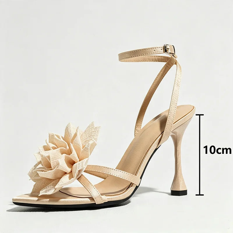 Cute Flower Detail Heeled Sandals Women Sexy Open Toe Ankle Strap Buckle High Heels for Ladies 2026 Summer Elegant Women Shoes