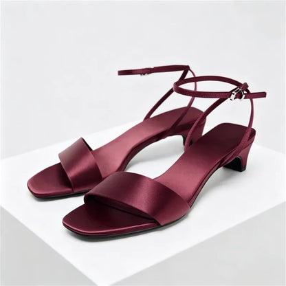 Elegant Square Toe Ankle Strap Heeled Sandals Women Sexy Peep Toe Low Wide Heel Summer Shoes Cozy Satin Designer Shoes for Women