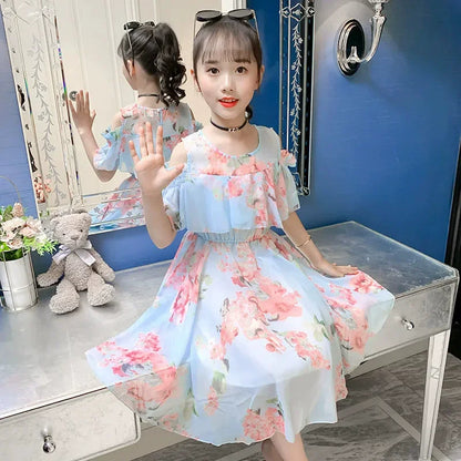Thin Girl Summer Dress Robe Fille Floral Chiffon Princess Dress Children's Clothing Summer Girls Casual Dresses Kids Vestidos