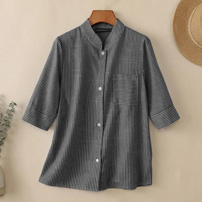 ZANZEA Woman Striped Shirts Stand Collar Half Sleeve Button Up Patch Pocket Tops Spring Summer Daily Casual Chemises Femme