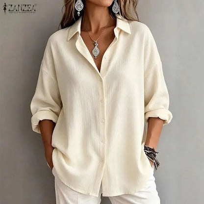 ZANZEA Woman Long Sleeve Shirts Oversized Turn Down Collar Button Up Blouses Autumn 2026 Crinkled Fabric Casual Work Camisas 2XL
