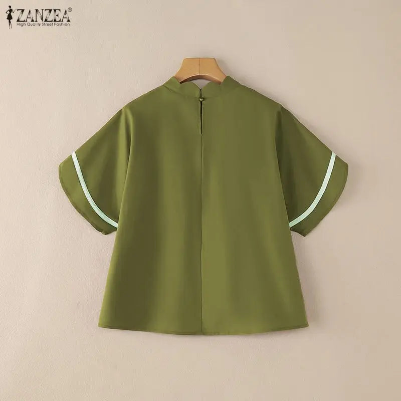 ZANZEA Women's Pleated Scalloped Mock Neck Blouses, Fashion High-Low Hem Tops with Contrast Trim Bell Sleeves, Woman Clothes