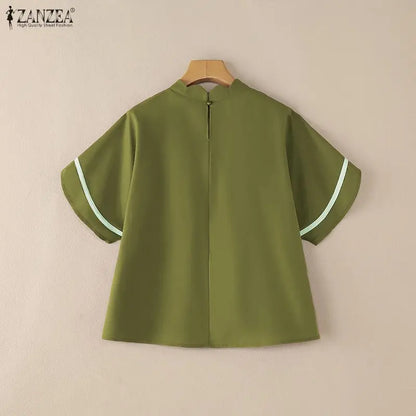 ZANZEA Women's Pleated Scalloped Mock Neck Blouses, Fashion High-Low Hem Tops with Contrast Trim Bell Sleeves, Woman Clothes