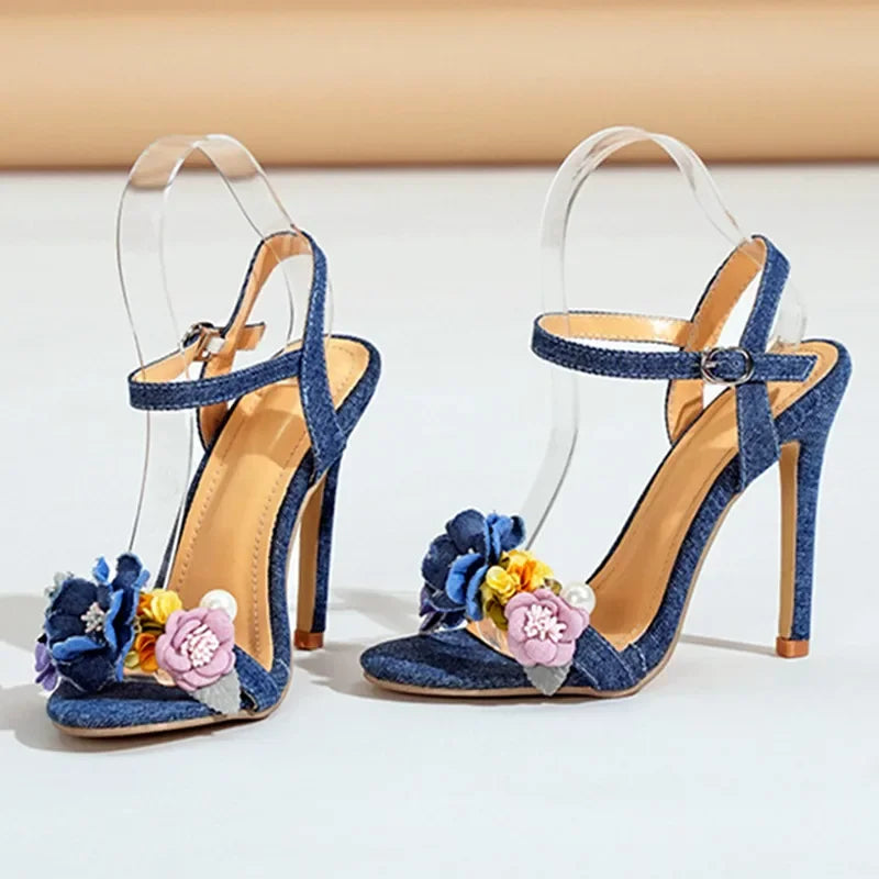 Fashion Denim Blue Designer Women's Heels Luxury Flowers Pearl Decoration Heeled Sandals Women Summer Sexy Thin High Heels Pumps
