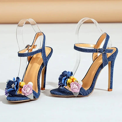 Fashion Denim Blue Designer Women's Heels Luxury Flowers Pearl Decoration Heeled Sandals Women Summer Sexy Thin High Heels Pumps