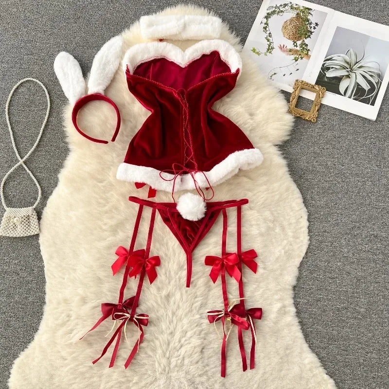 Sweet Red Bunny Lingerie Underwear Set Women Sexy Soft Plush Cute Bowknot Sweet Nightgowns Christmas Rabbit Cosplay Costumes New
