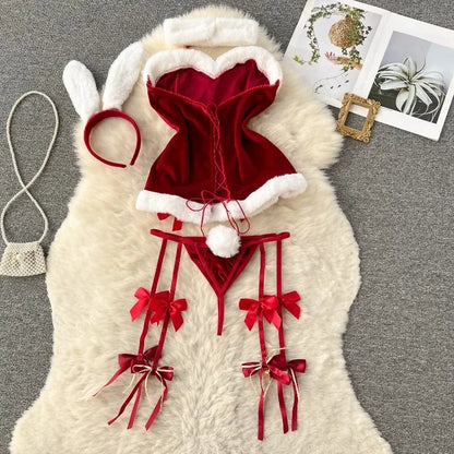 Sweet Red Bunny Lingerie Underwear Set Women Sexy Soft Plush Cute Bowknot Sweet Nightgowns Christmas Rabbit Cosplay Costumes New