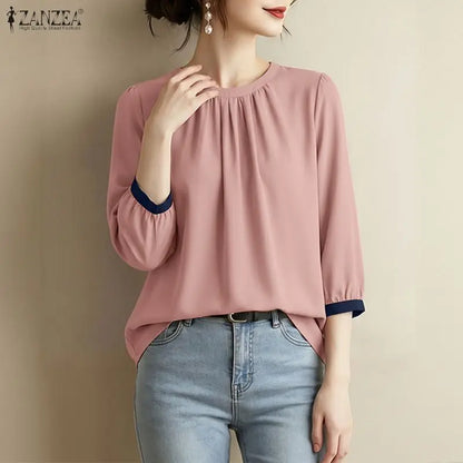 ZANZEA Woman Casual Blouses Gathered O-Neck Contrast-Trim 3/4 Sleeve Solid Color Tops 2026 Summer Everyday Wear Blusas de Mujer
