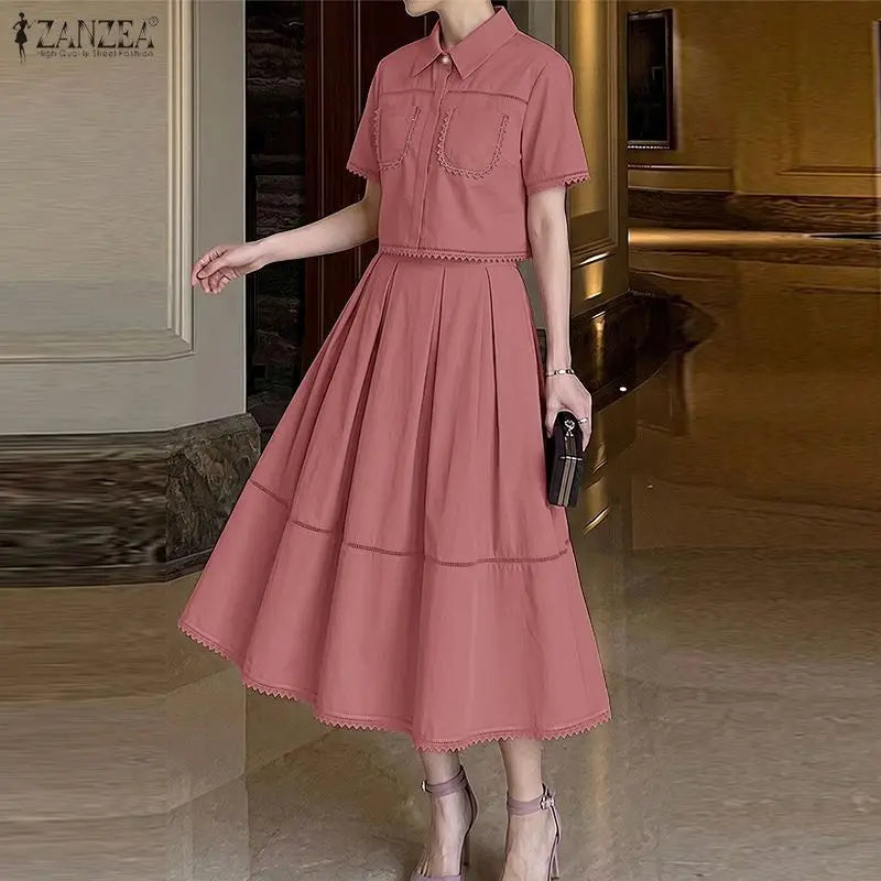 ZANZEA Women's Summer Lace Patchwork 2-Piece Sets Collared Short Sleeve Cropped Blouse & A-Line Midi Skirt Suits Commute Outfit