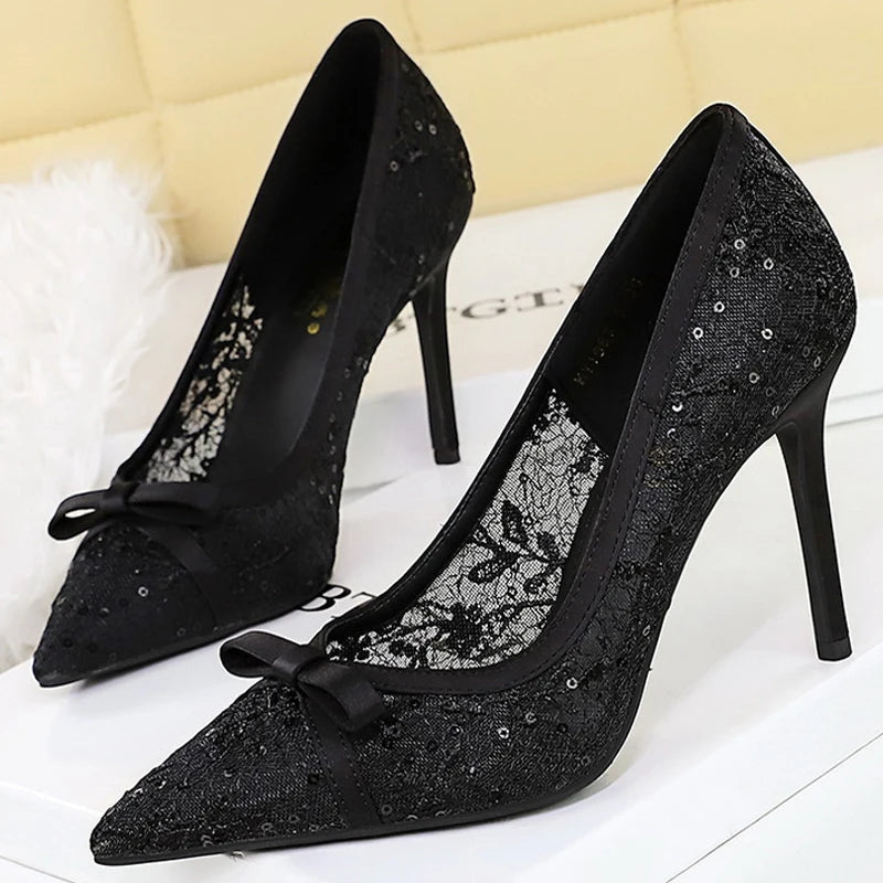 BIGTREE Shoes Women 9.5 Cm Heels Lace Mesh Women Pumps Bowknot High Heels Stiletto Sexy Party Shoes Fashion Lady Wedding Shoes