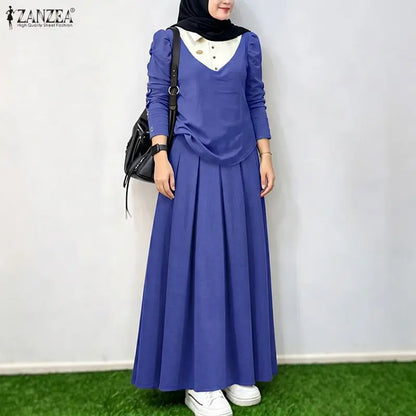 ZANZEA Summer Autumn Women Dress Sets Fashion Long Sleeve Tops Long Skirts Two-piece Outfits Muslim Dress Sets 2PCS Loose Kaftan