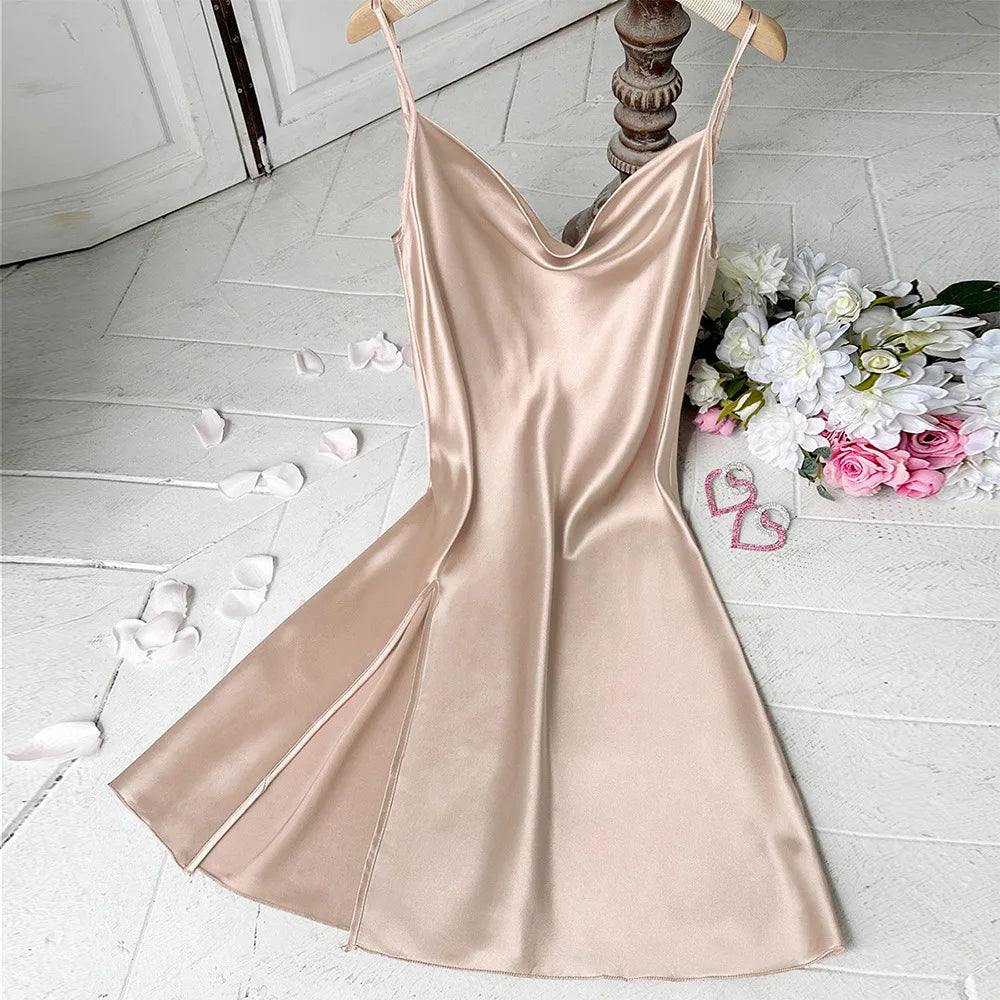 Summer New Chemise Nightgown Sexy Backless Spaghetti Strap Nightdress Sleepwear Women Loose Satin Home Wear Intimate Lingerie