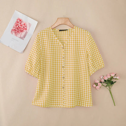 ZANZEA Women Loose Gingham Shirts Vintage Half Puff Sleeve V-Neck Button Up Tops Summer Daily Casual Plaid Blusas de Mujer