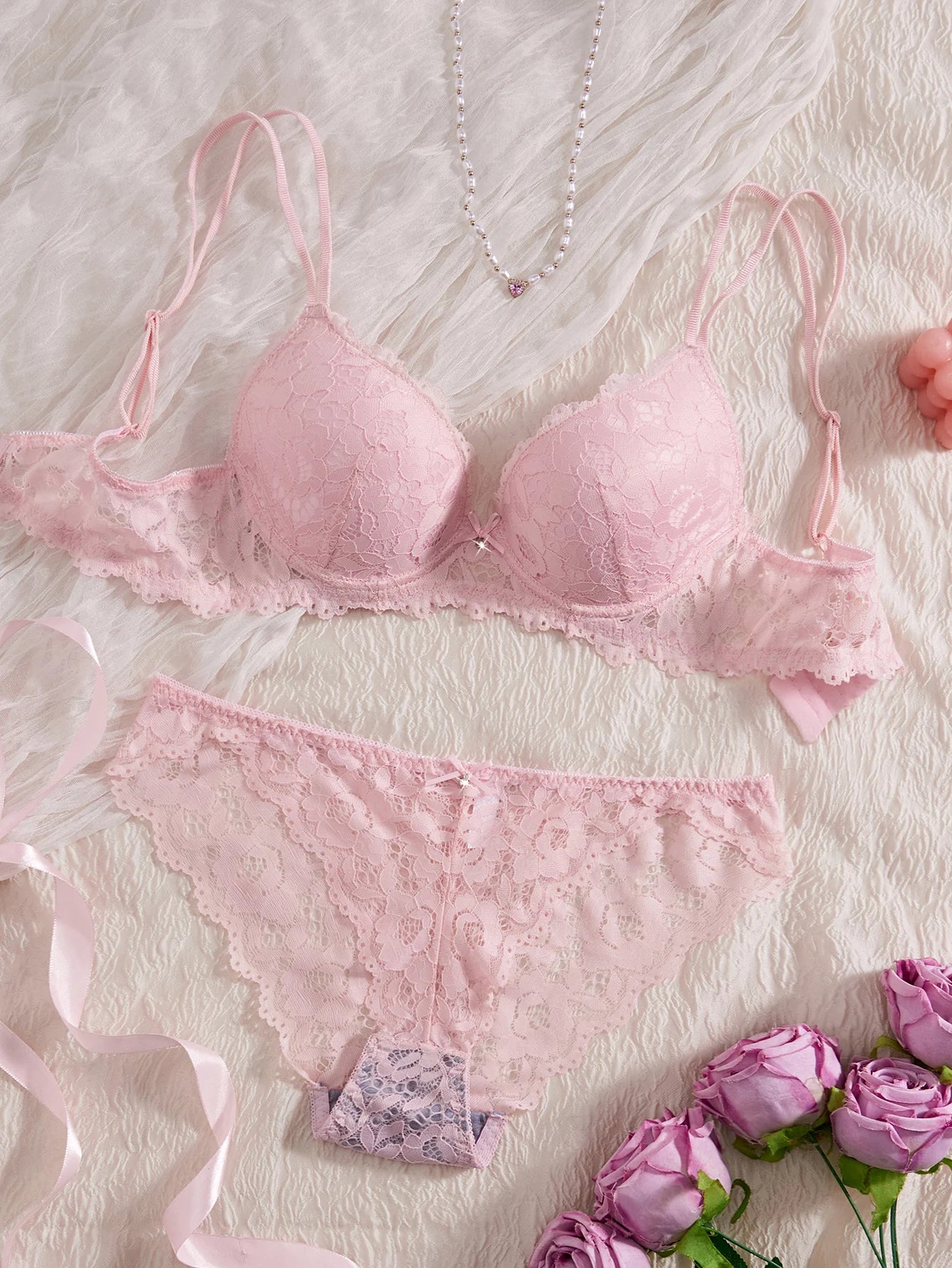 Women's Sexy Lingerie Set Lace Patchwork Solid Color Bowknot Rhinestone Embellished Push-Up Double Shoulder Strap Unlined Comfortable Underwear, Lace Semi-Transparent Breathable Panties