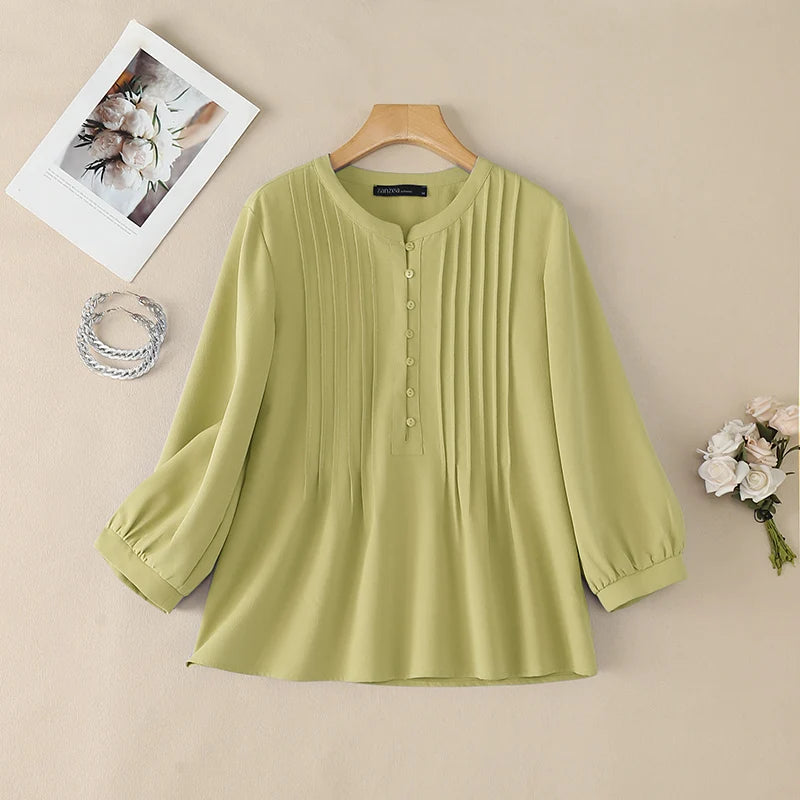 ZANZEA Women Casual Pintuck Blouses Spring Summer O-Neck Half Buttons 3/4 Lantern Sleeve Tops Loose Solid Color Blusas de Mujer
