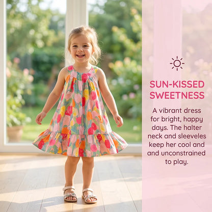 Summer Kids Halter Dress Sleeveless Tulip Floral Girls A-Line Dresses Ruffle Hem Children Sundress for Beach Vacation Wear