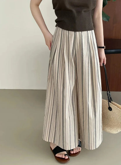 Taochuan Casual Striped Straight Leg Pants Women's Lazy Style High Waist Versatile Slimming Long Trousers Comfortable Fit