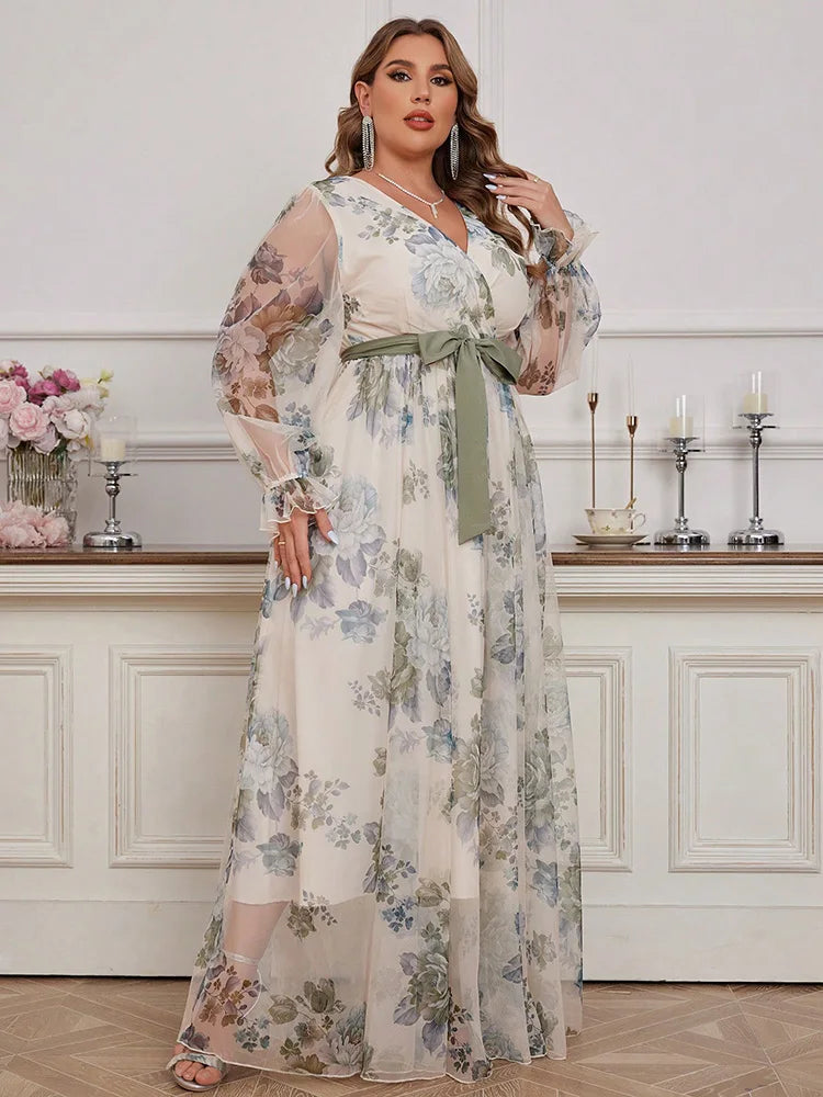 TOLEEN Plus Size Women's Floral Print V-Neck Spliced Mesh Dress 2024 New Summer Spring Casual Elegant Formal Party Maxi Dresses