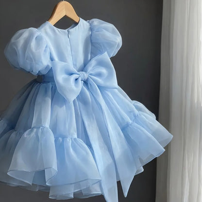 2026 Summer Girls Puff Sleeve Mesh Princess Dresses Sweety Bow Kids Wedding Clothing 1-10years Old Baby Girls Birthday Party Dre
