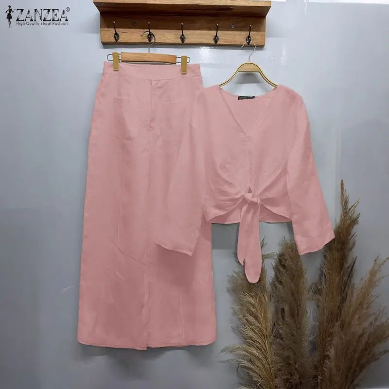ZANZEA Women's Stylish 2-Piece Sets Long Sleeve V-Neck Tied-Hem Blouse & Wide Leg Pant Matching Sets Minimalist Casual Co-ords