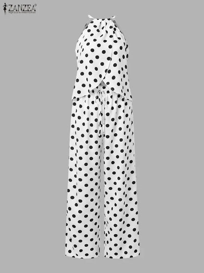 Stylish Women 2 Pieces Sets ZANZEA  Polka Dots Holiday Outfits Summer Halter Sleeveless Tanks Tops Beach Pant Sets Streetwear