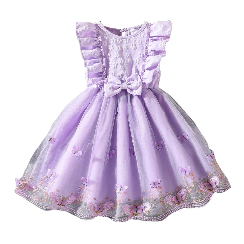 Dress For Girls Yellow O-Neck Fly-Sleeve Tulle Bowknot 8-12 Years Summer Elegant Sweet Style Princess Dress Kids Clothing