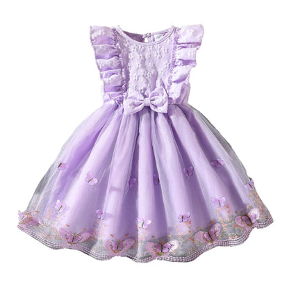 Dress For Girls Yellow O-Neck Fly-Sleeve Tulle Bowknot 8-12 Years Summer Elegant Sweet Style Princess Dress Kids Clothing
