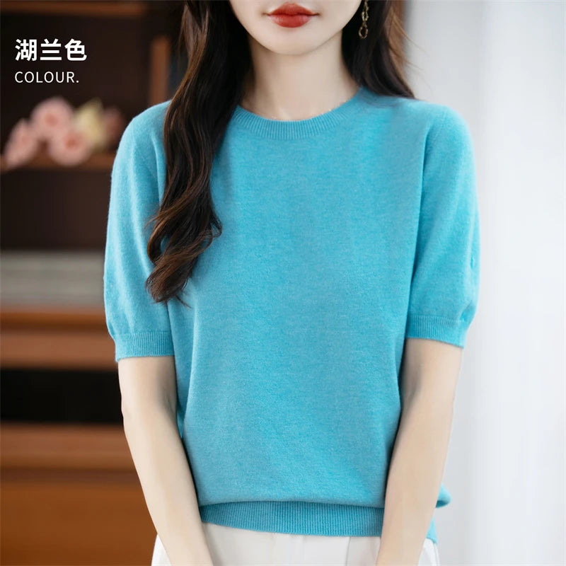 Autumn Women 100% Merino Wool Sweater O-Neck Cashmere Pullover Basic Fashion Short Sleeve Clothing Comfort Top Casual Solid