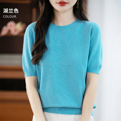 Autumn Women 100% Merino Wool Sweater O-Neck Cashmere Pullover Basic Fashion Short Sleeve Clothing Comfort Top Casual Solid