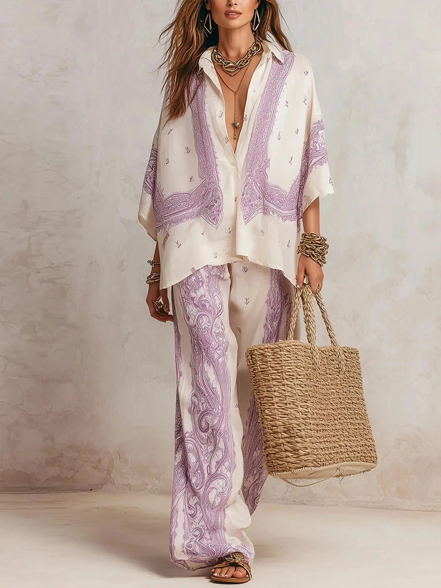 Summer Paisley Printing 2 Piece Set Women Elegant Lapel Long Sleeve Shirt Top & Wide Leg Pants Casual Loose Suit for Vacation