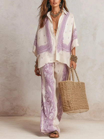 Summer Paisley Printing 2 Piece Set Women Elegant Lapel Long Sleeve Shirt Top & Wide Leg Pants Casual Loose Suit for Vacation